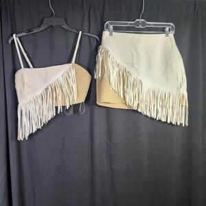 Two Piece Set Crop Top Fringe Mini Skirt Beige Cream S Sexy Western BOHO